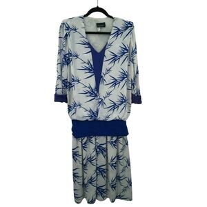 Vintage Starlo Fashions Fit Flare Pleats Palm Print Midi Dress Long Sleeves 1980